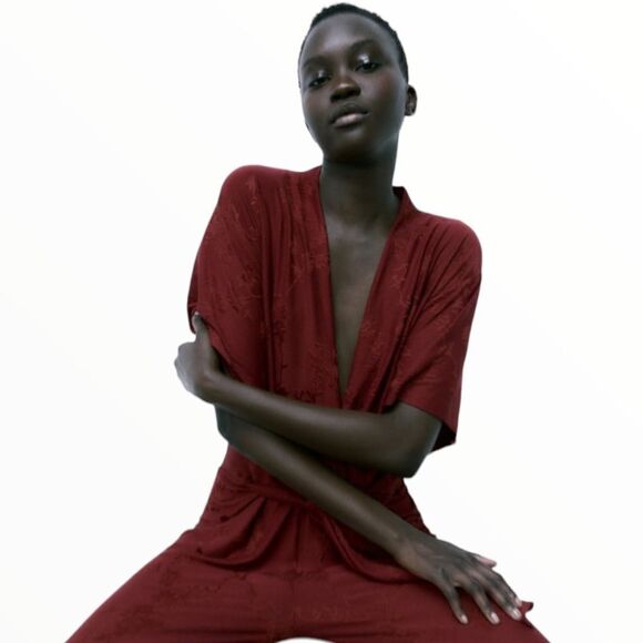 ZARA | Burgundy | SHORT SLEEVE JUMPSUIT WITH SURPLICE V-NECKLINE - Picture 7 of 15